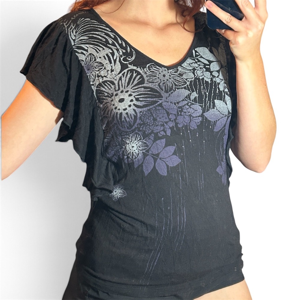 Vanilla Sugar Black Floral Graphic Ruffle Sleeve V-Neck Top Small